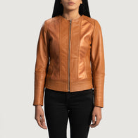 Sleeky Clean Tan Leather Biker Jacket by Dash Racegear - women Jacket view 4