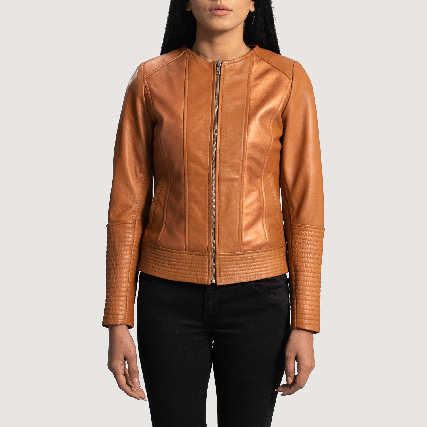 Sleeky Clean Tan Leather Biker Jacket by Dash Racegear - women Jacket view 4