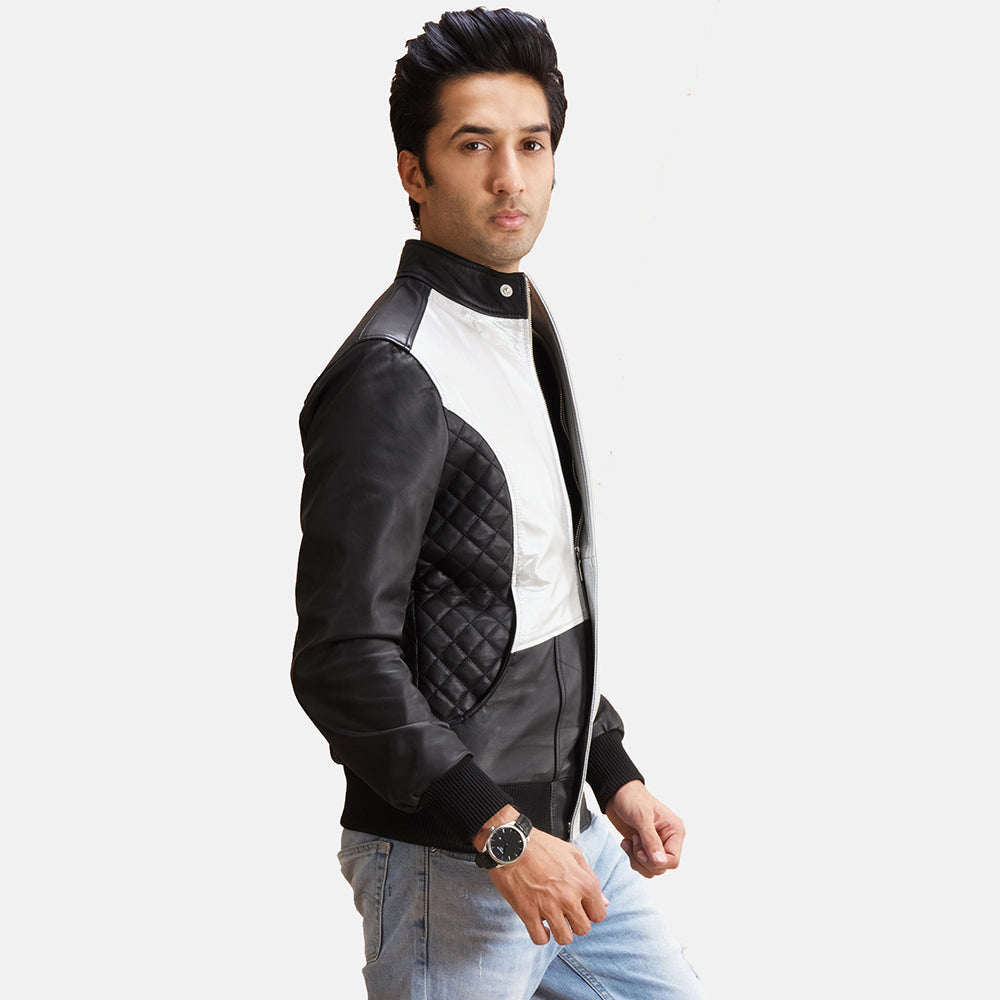 Spade Silver Black Leather Bomber Jacket by Dash Racegear - men Jacket view 2