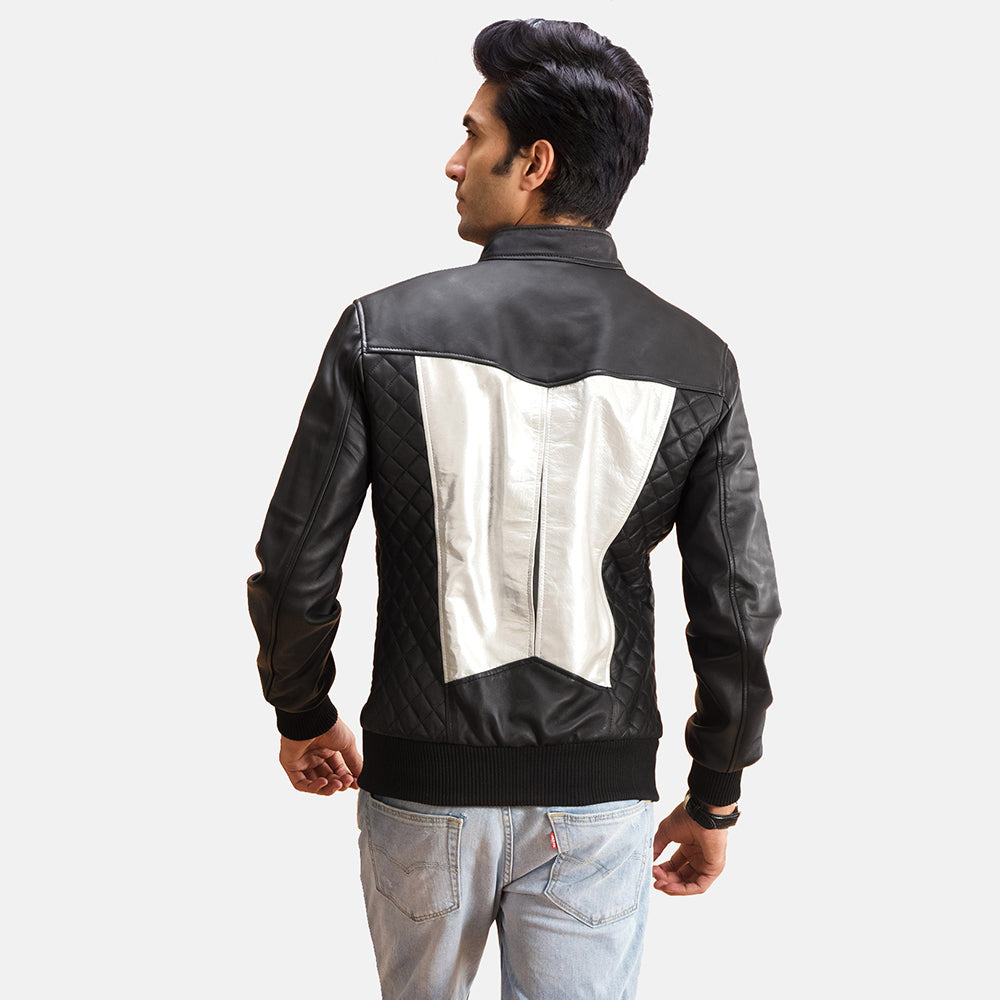 Spade Silver Black Leather Bomber Jacket by Dash Racegear - men Jacket view 3