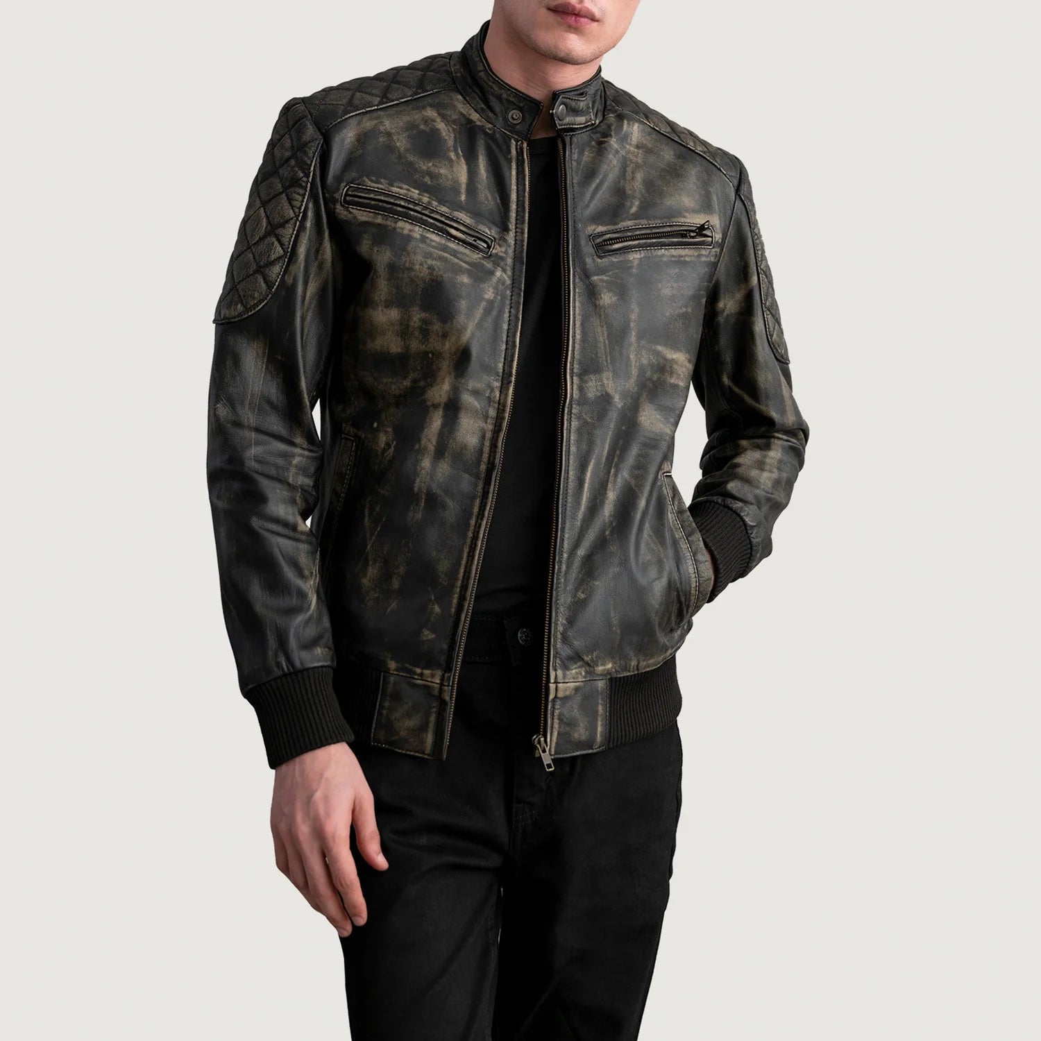 Sven Distressed Brown Leather Bomber Jacket by Dash Racegear - men Jacket view 1
