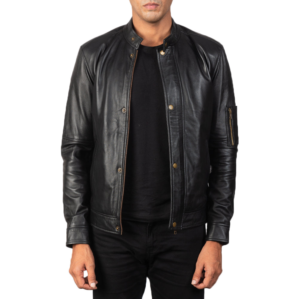 Tea House Black Leather Biker Jacket by Dash Racegear - men Jacket view 1