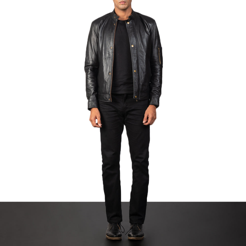 Tea House Black Leather Biker Jacket by Dash Racegear - men Jacket view 4