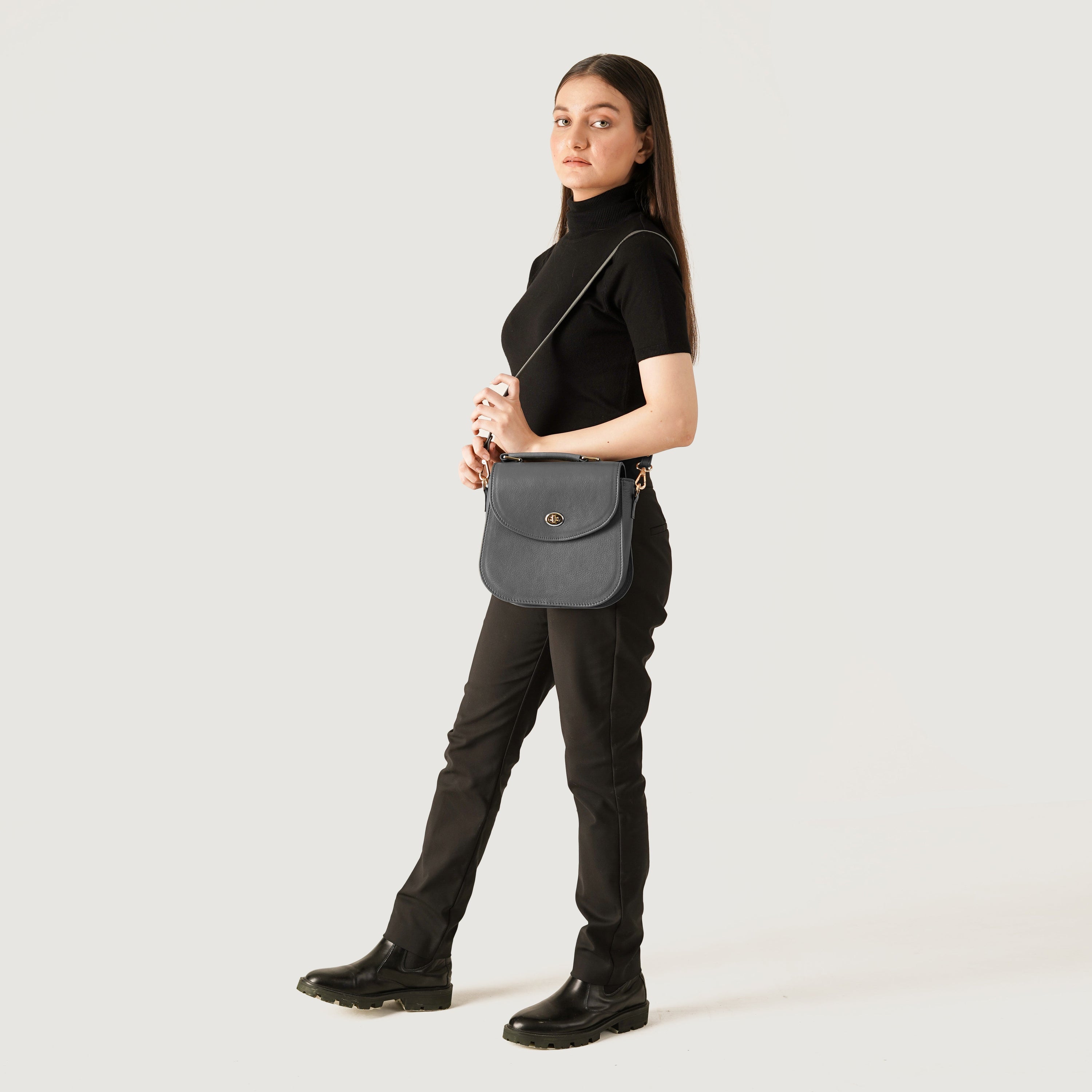 The Sandra Grey Leather Saddle Bag by Dash Racegear - women Leather Bag view 8