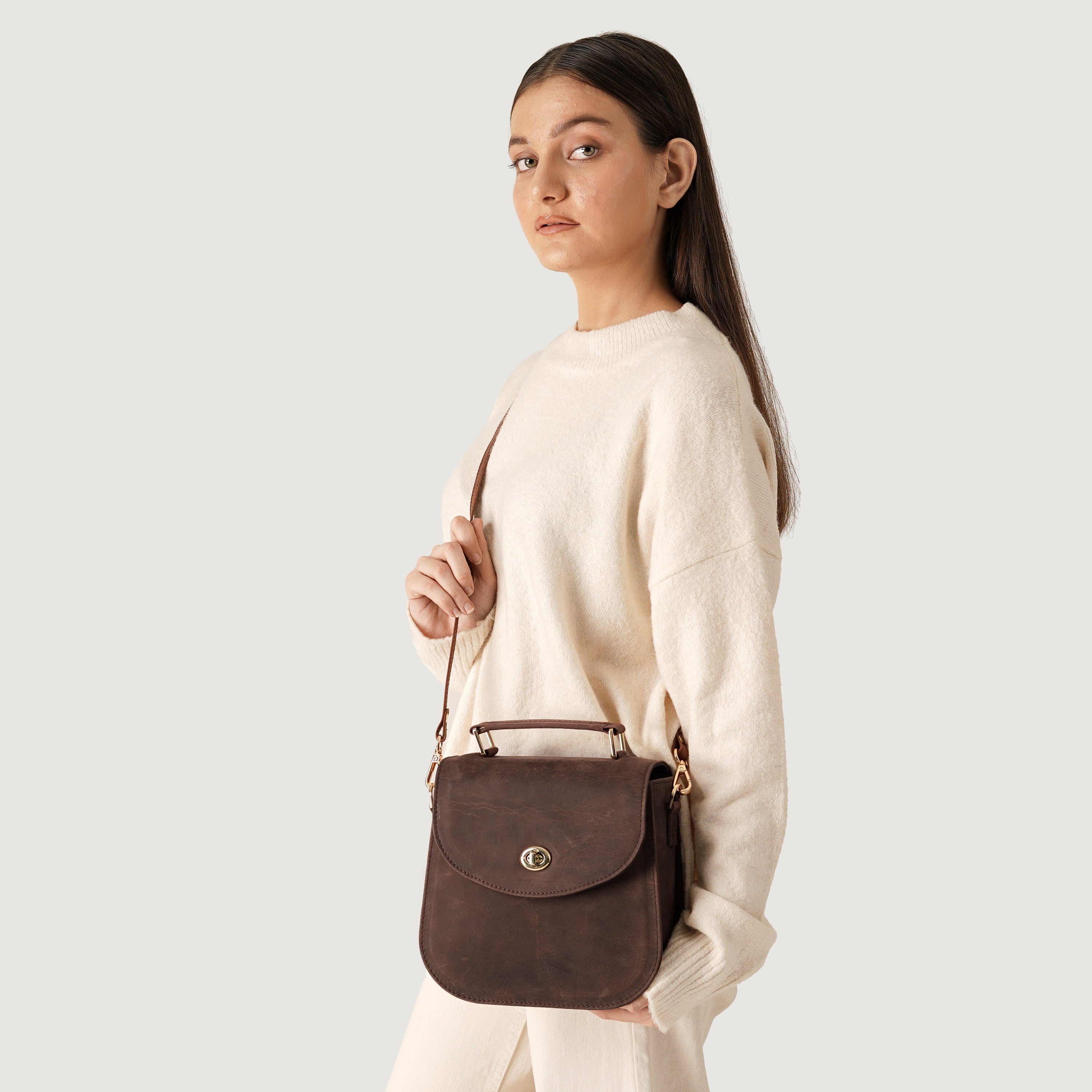 The Sandra Vintage Distressed Brown Leather Saddle Bag by Dash Racegear - women Leather Bag view 9