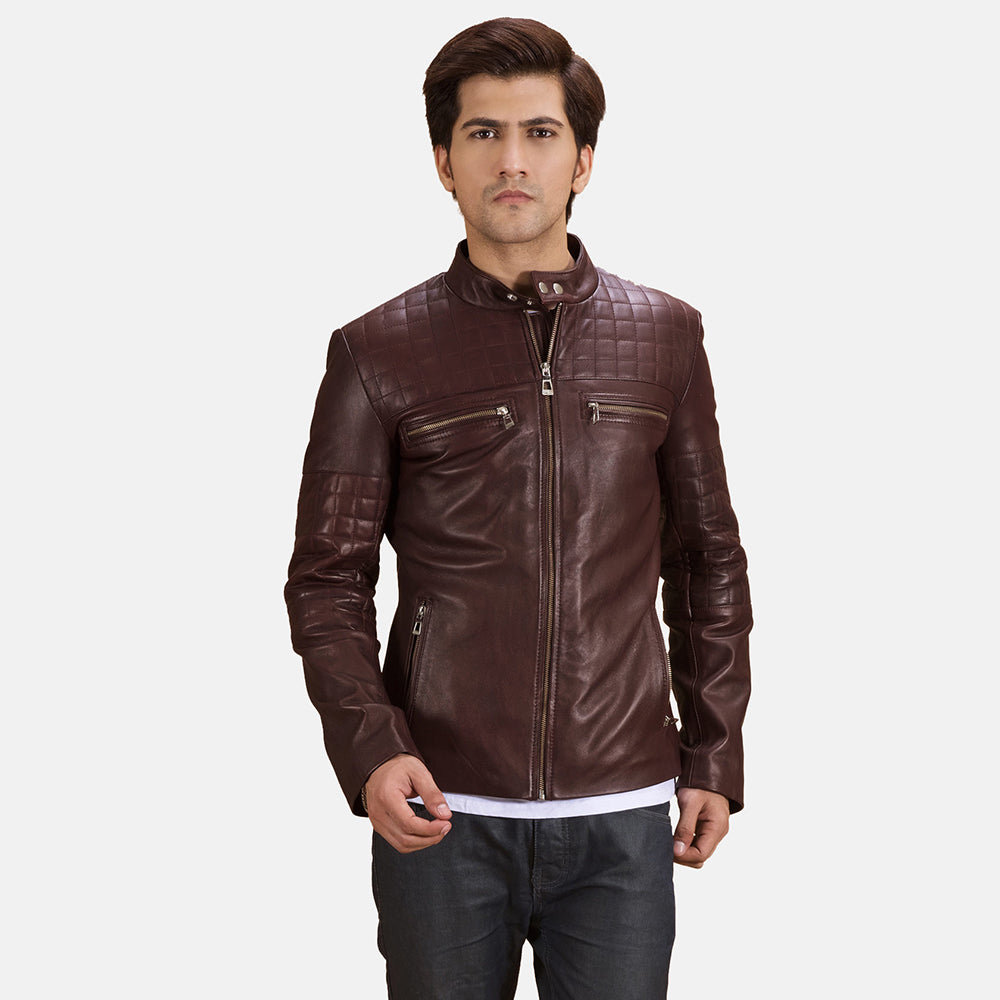 Urbane Quilted Maroon Leather Biker Jacket by Dash Racegear - men Jacket view 1