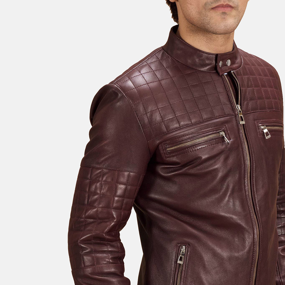 Urbane Quilted Maroon Leather Biker Jacket by Dash Racegear - men Jacket view 3