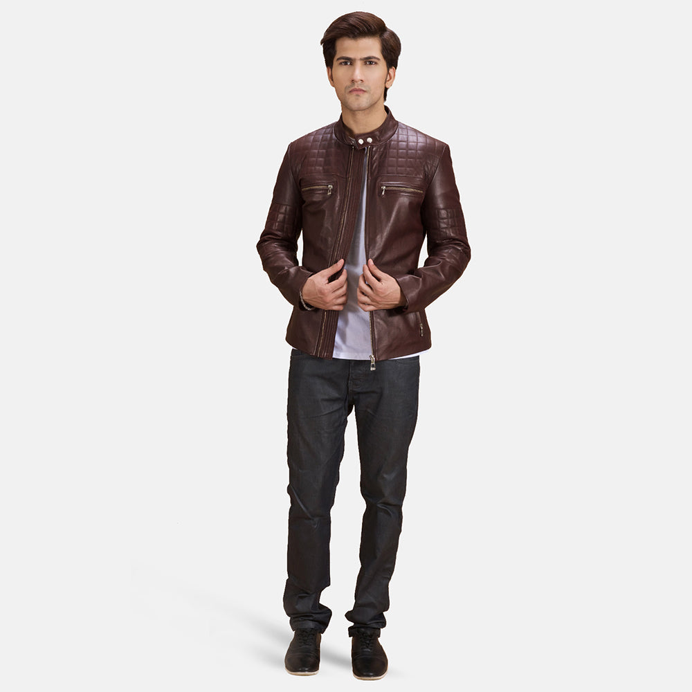 Urbane Quilted Maroon Leather Biker Jacket by Dash Racegear - men Jacket view 4