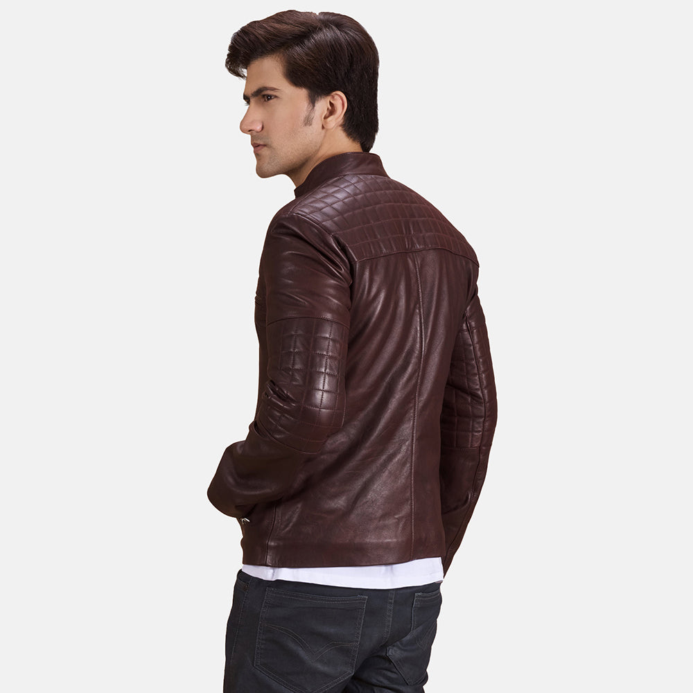 Urbane Quilted Maroon Leather Biker Jacket by Dash Racegear - men Jacket view 5