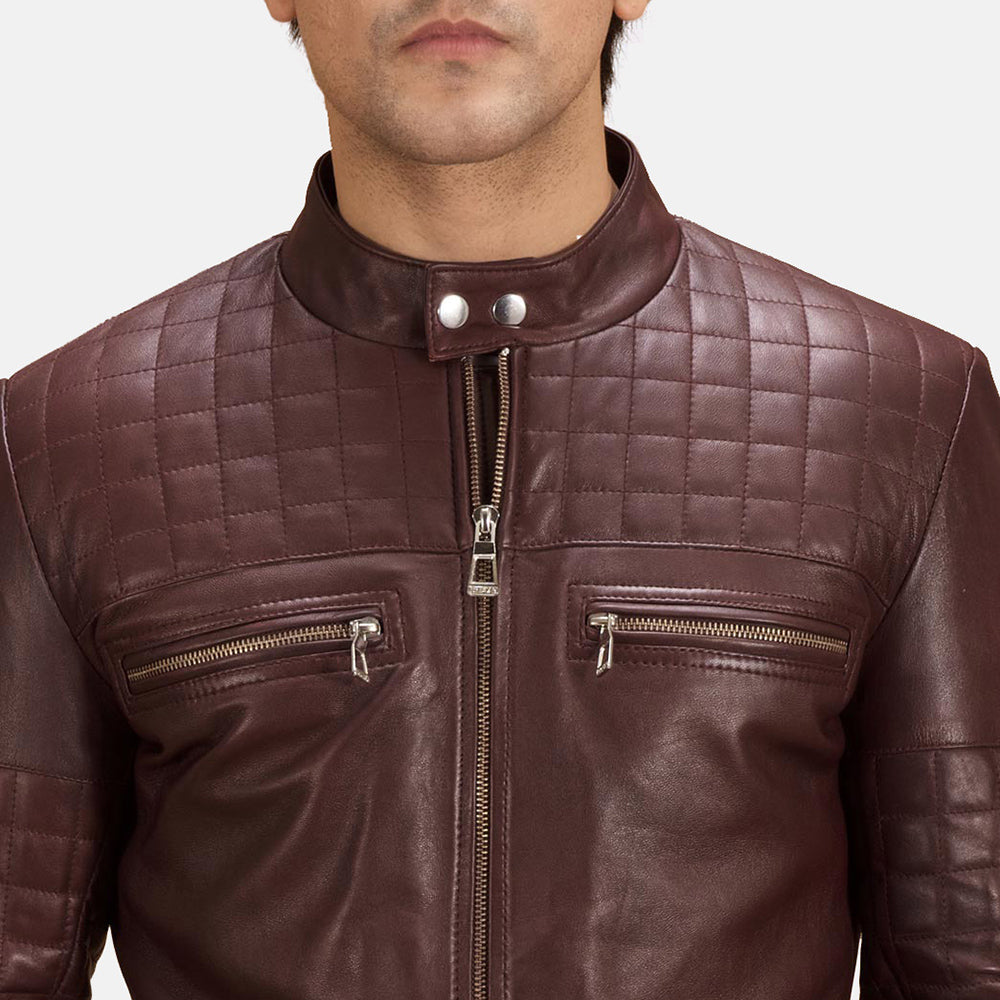 Urbane Quilted Maroon Leather Biker Jacket by Dash Racegear - men Jacket view 6