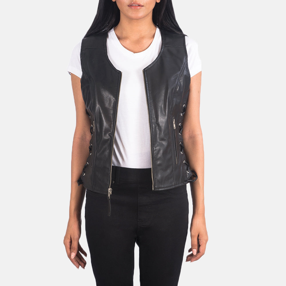 Vanda Black Leather Biker Vest by Dash Racegear - women Jacket view 1