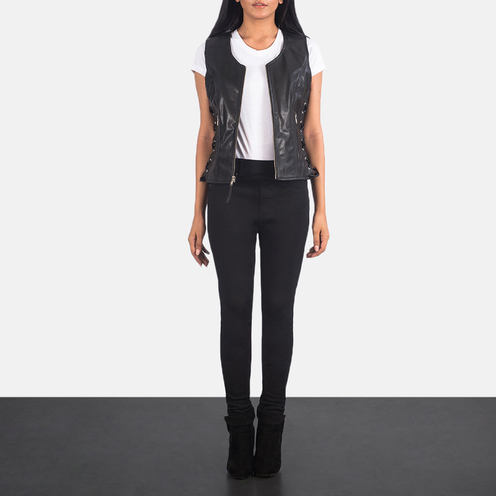 Vanda Black Leather Biker Vest by Dash Racegear - women Jacket view 3