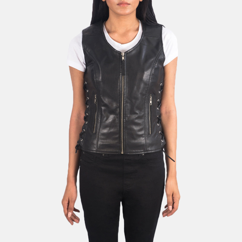 Vanda Black Leather Biker Vest by Dash Racegear - women Jacket view 4