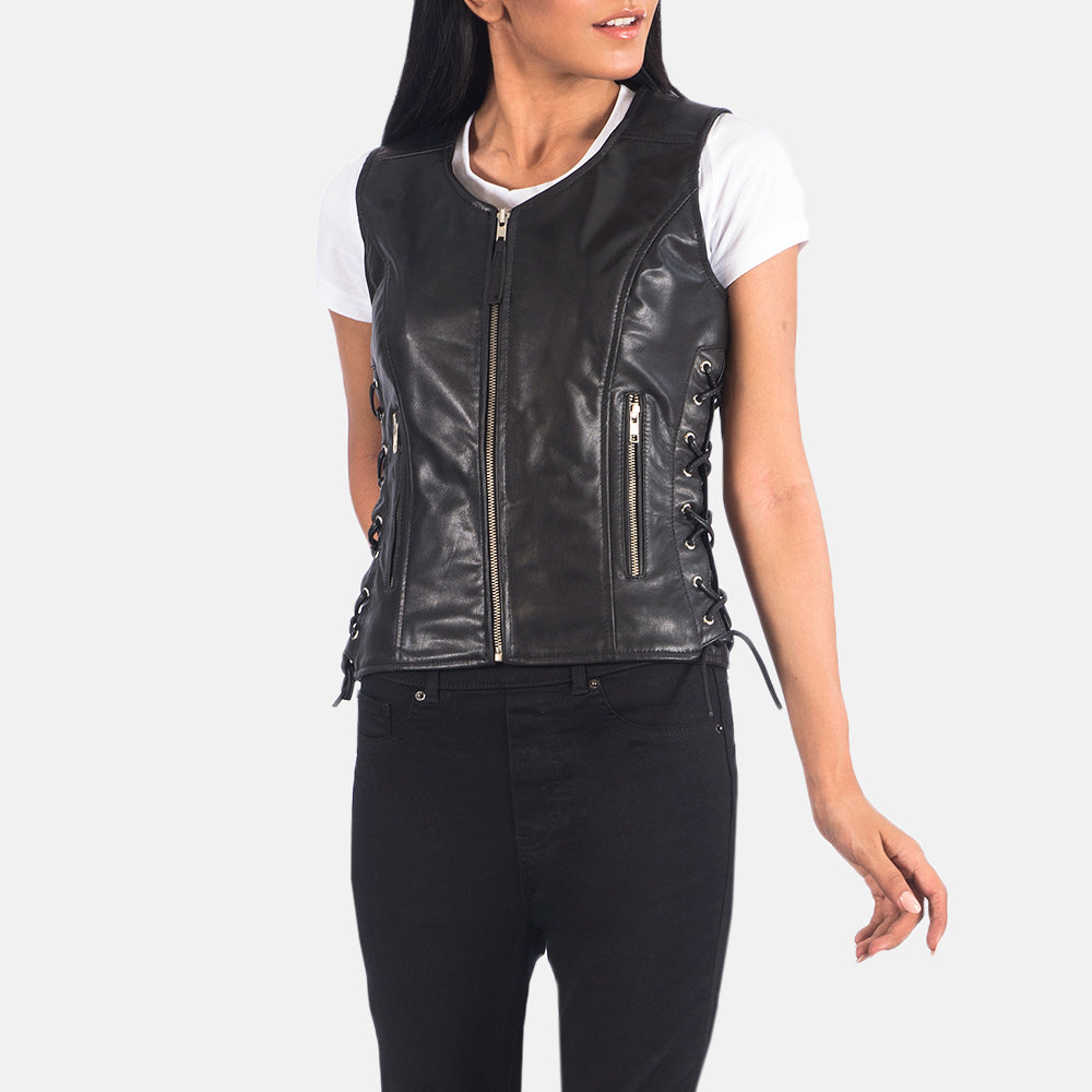 Vanda Black Leather Biker Vest by Dash Racegear - women Jacket view 6