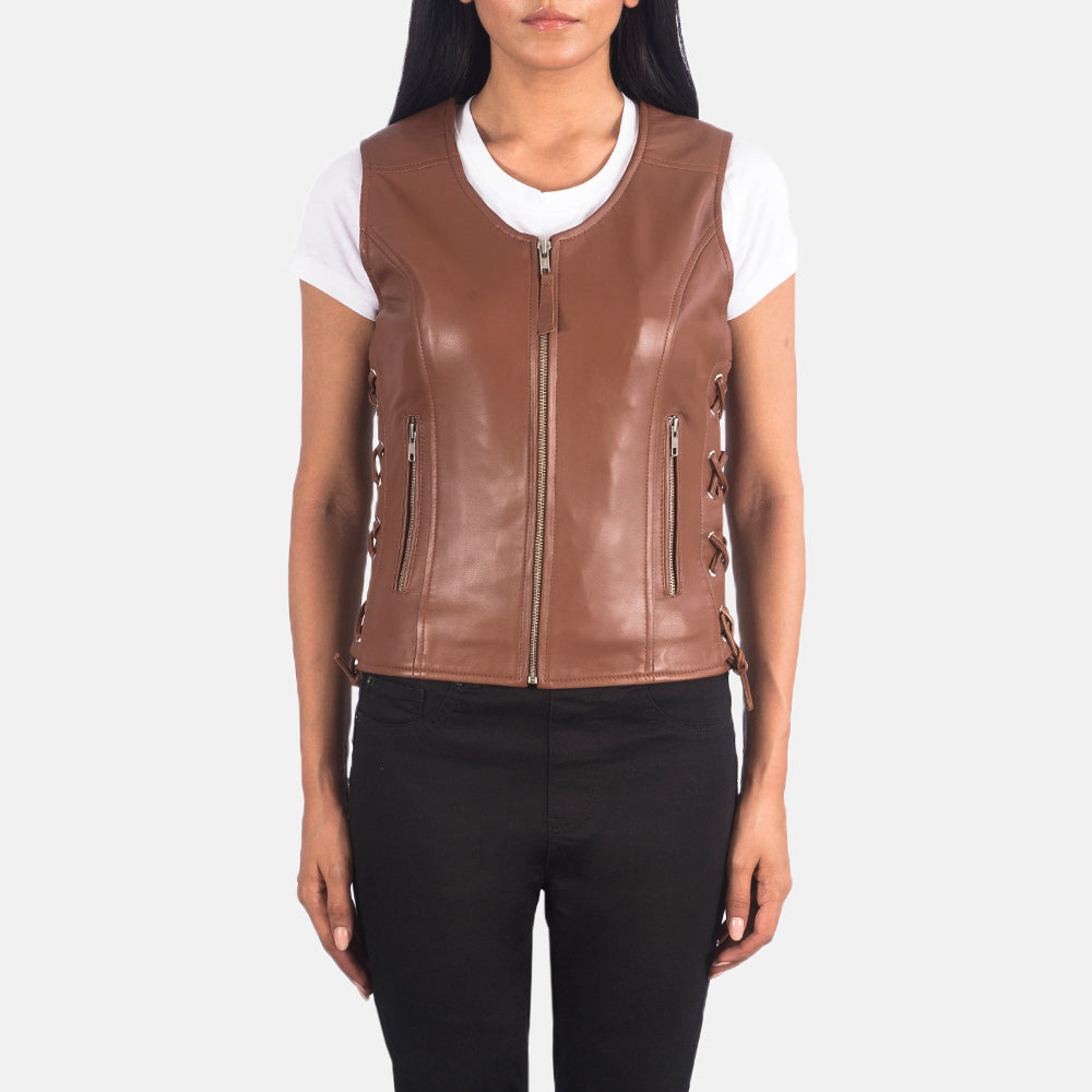 Vanda Brown Leather Biker Vest by Dash Racegear - women Jacket view 1