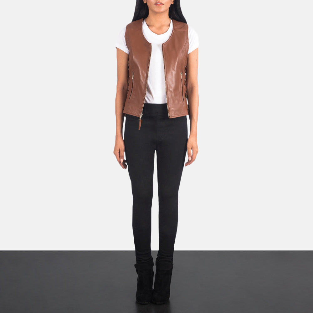 Vanda Brown Leather Biker Vest by Dash Racegear - women Jacket view 3