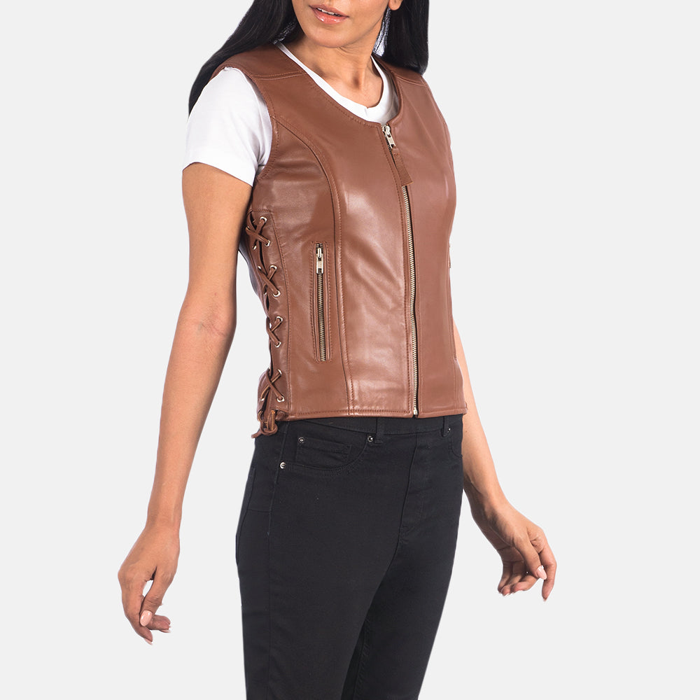 Vanda Brown Leather Biker Vest by Dash Racegear - women Jacket view 6