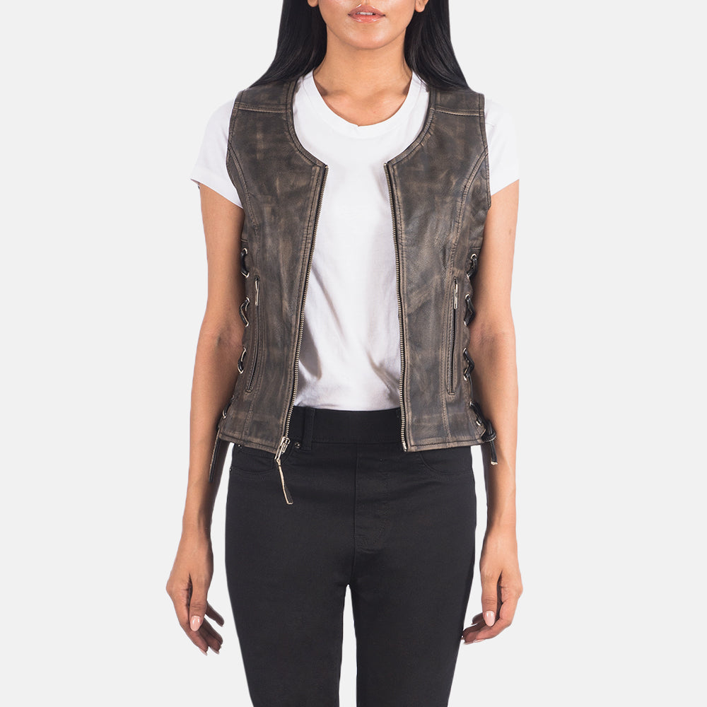 Vanda Distressed Brown Leather Biker Vest by Dash Racegear - women Jacket view 1
