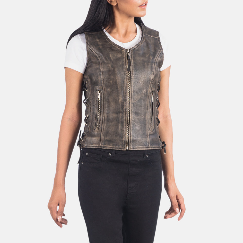 Vanda Distressed Brown Leather Biker Vest by Dash Racegear - women Jacket view 2