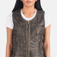 Vanda Distressed Brown Leather Biker Vest by Dash Racegear - women Jacket view 6