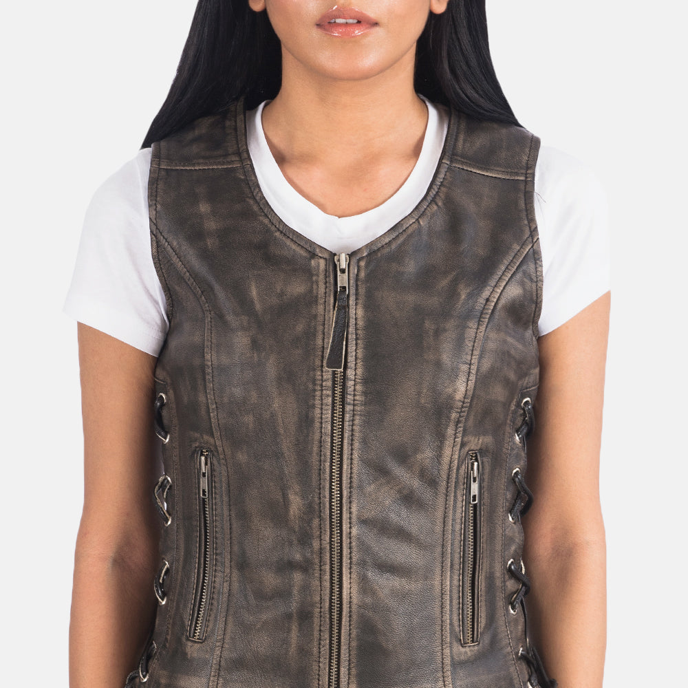 Vanda Distressed Brown Leather Biker Vest by Dash Racegear - women Jacket view 6