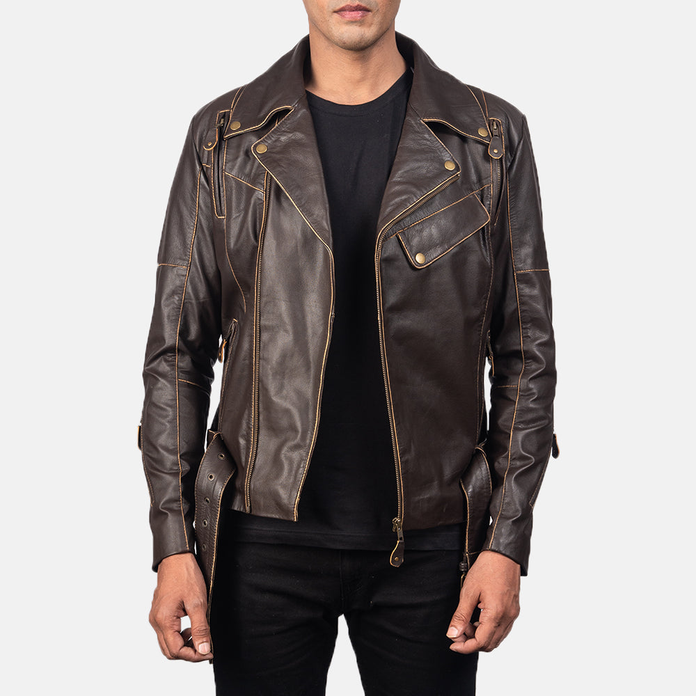 Vincent Brown Leather Biker Jacket by Dash Racegear - men Jacket view 1