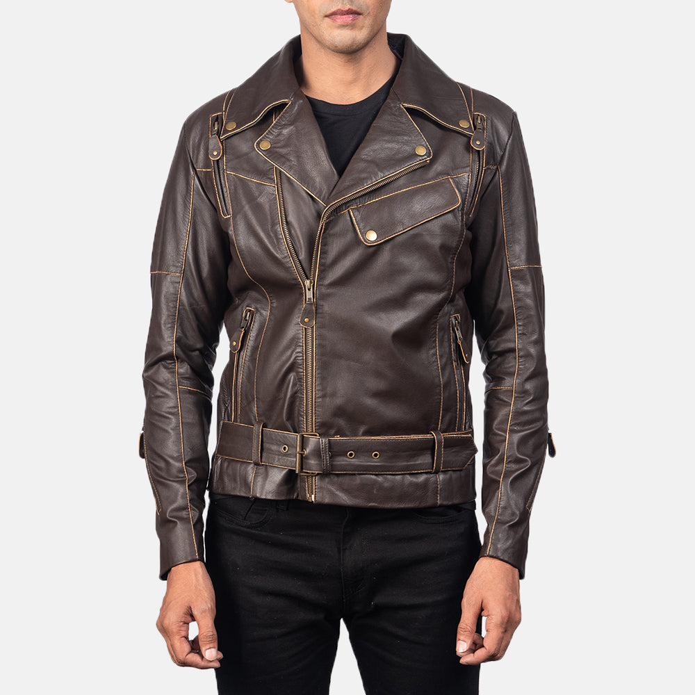 Vincent Brown Leather Biker Jacket by Dash Racegear - men Jacket view 3