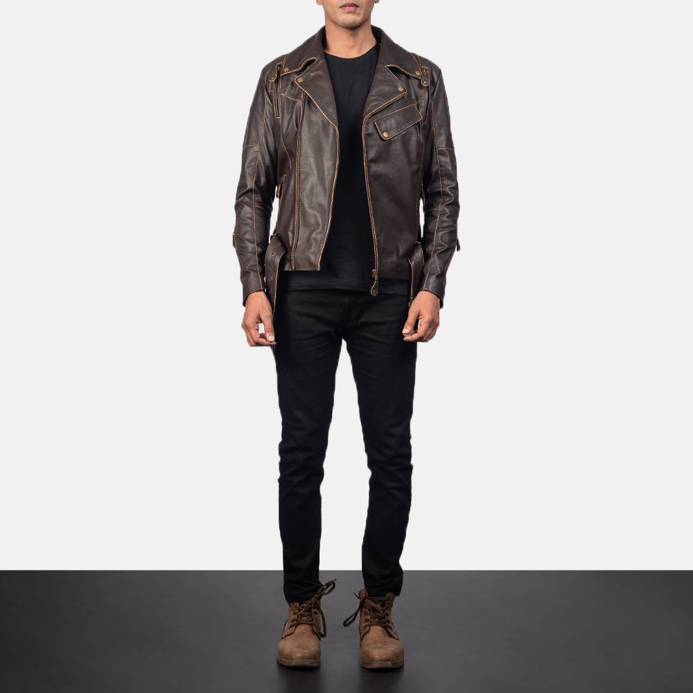 Vincent Brown Leather Biker Jacket by Dash Racegear - men Jacket view 4