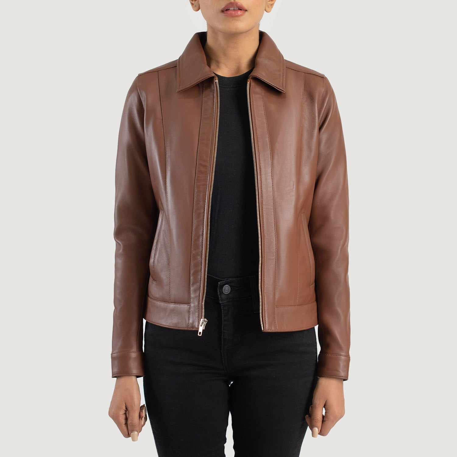 Vixen Brown Classic Collar Leather Jacket by Dash Racegear - women Jacket view 1