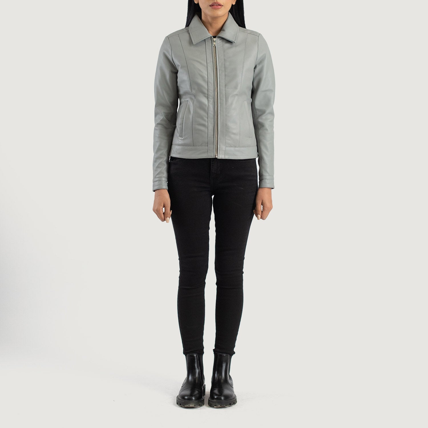 Vixen Grey Classic Collar Leather Jacket by Dash Racegear - women Jacket view 3