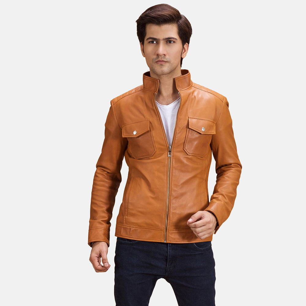 Voltex Tan Leather Biker Jacket by Dash Racegear - men Jacket view 1