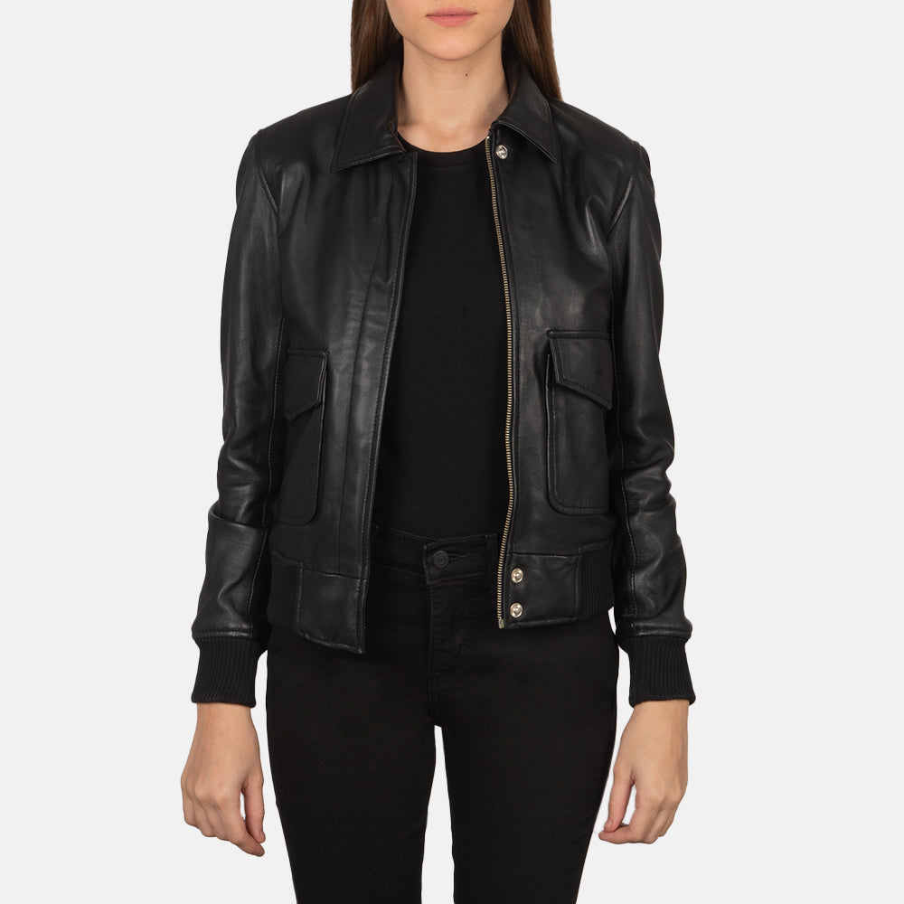 Westa A-2 Black Leather Bomber Jacket by Dash Racegear - women Jacket view 1