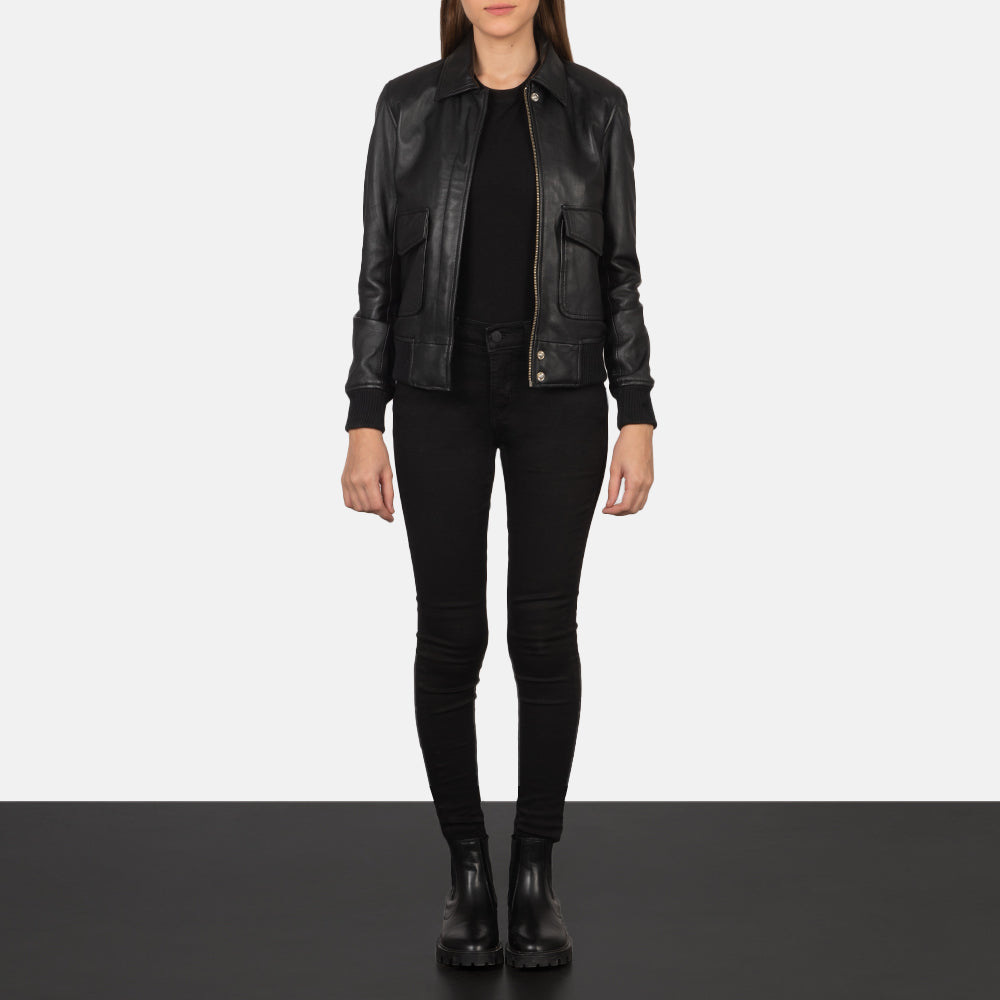 Westa A-2 Black Leather Bomber Jacket by Dash Racegear - women Jacket view 3
