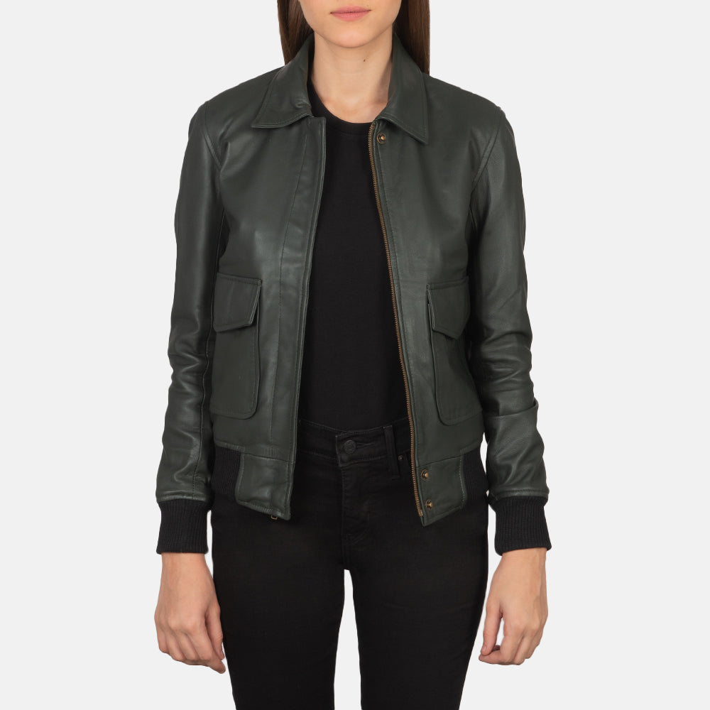 Westa A-2 Green Leather Bomber Jacket by Dash Racegear - women Jacket view 1