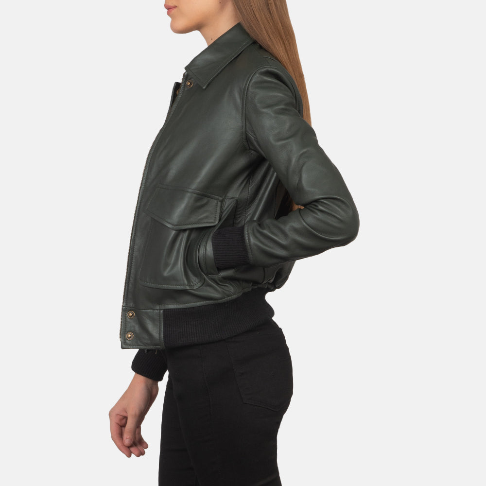 Westa A-2 Green Leather Bomber Jacket by Dash Racegear - women Jacket view 2