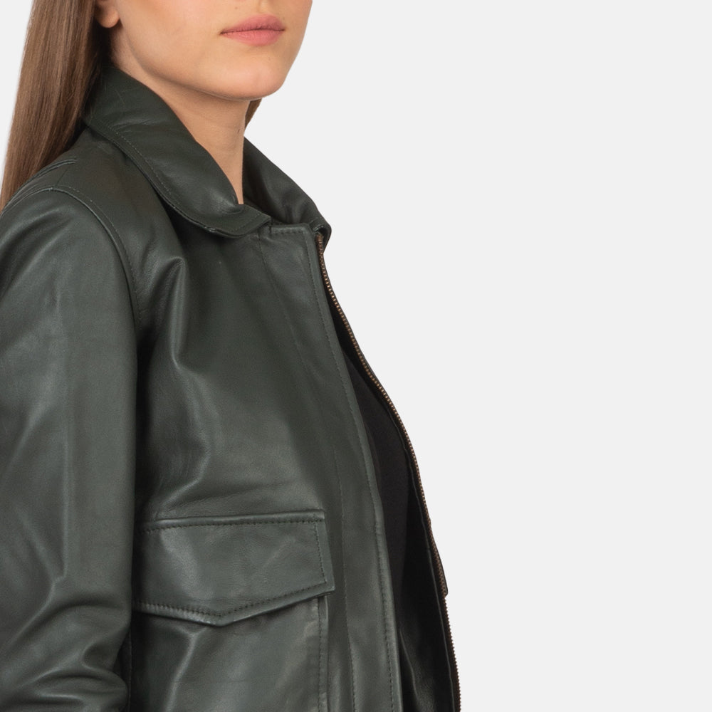 Westa A-2 Green Leather Bomber Jacket by Dash Racegear - women Jacket view 6