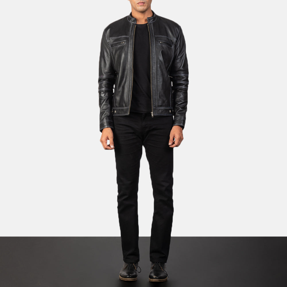 Youngster Black Leather Biker Jacket by Dash Racegear - men Jacket view 3