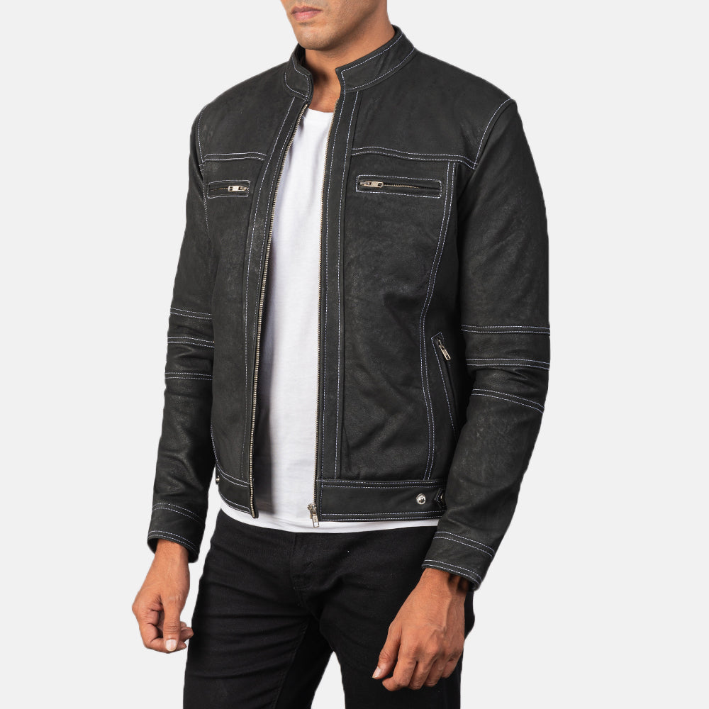 Youngster Distressed Black Leather Jacket by Dash Racegear - men Jacket view 2