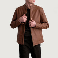Zen Matte Brown Leather Biker Jacket by Dash Racegear - men Jacket view 1