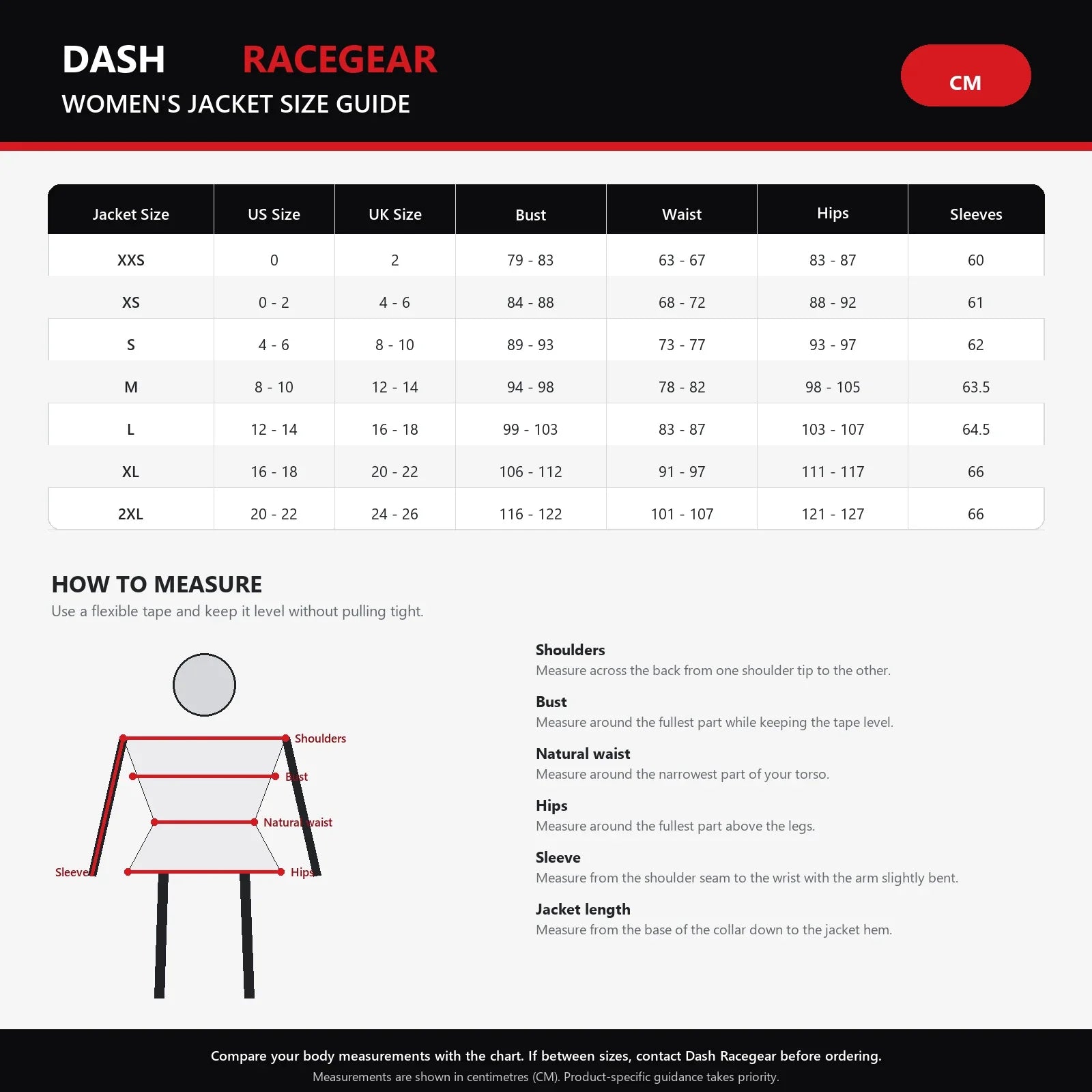 Zenith Black Leather Shirt Jacket women's size chart and measurement guide by Dash Racegear