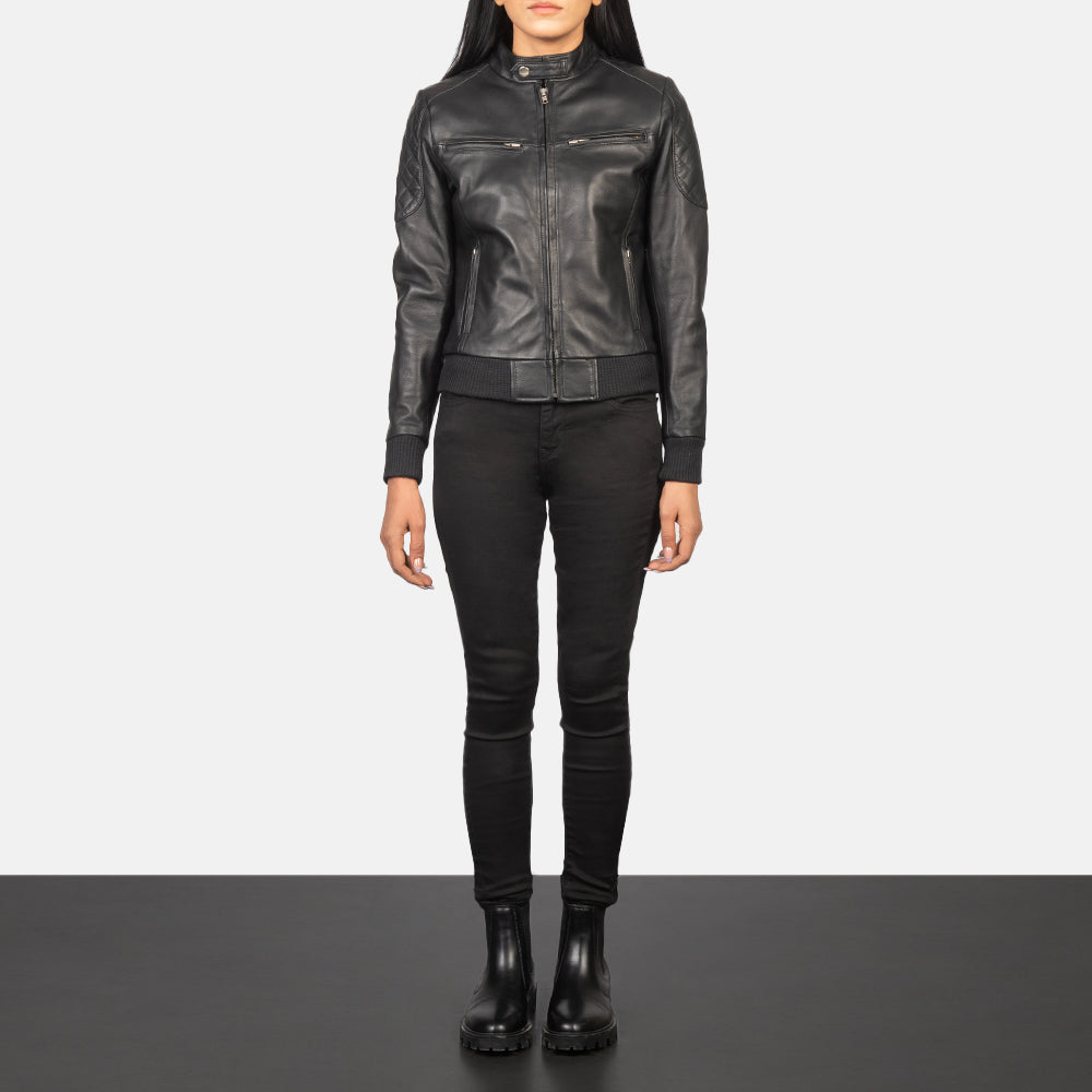 Zenna Black Leather Bomber Jacket by Dash Racegear - women Jacket view 3