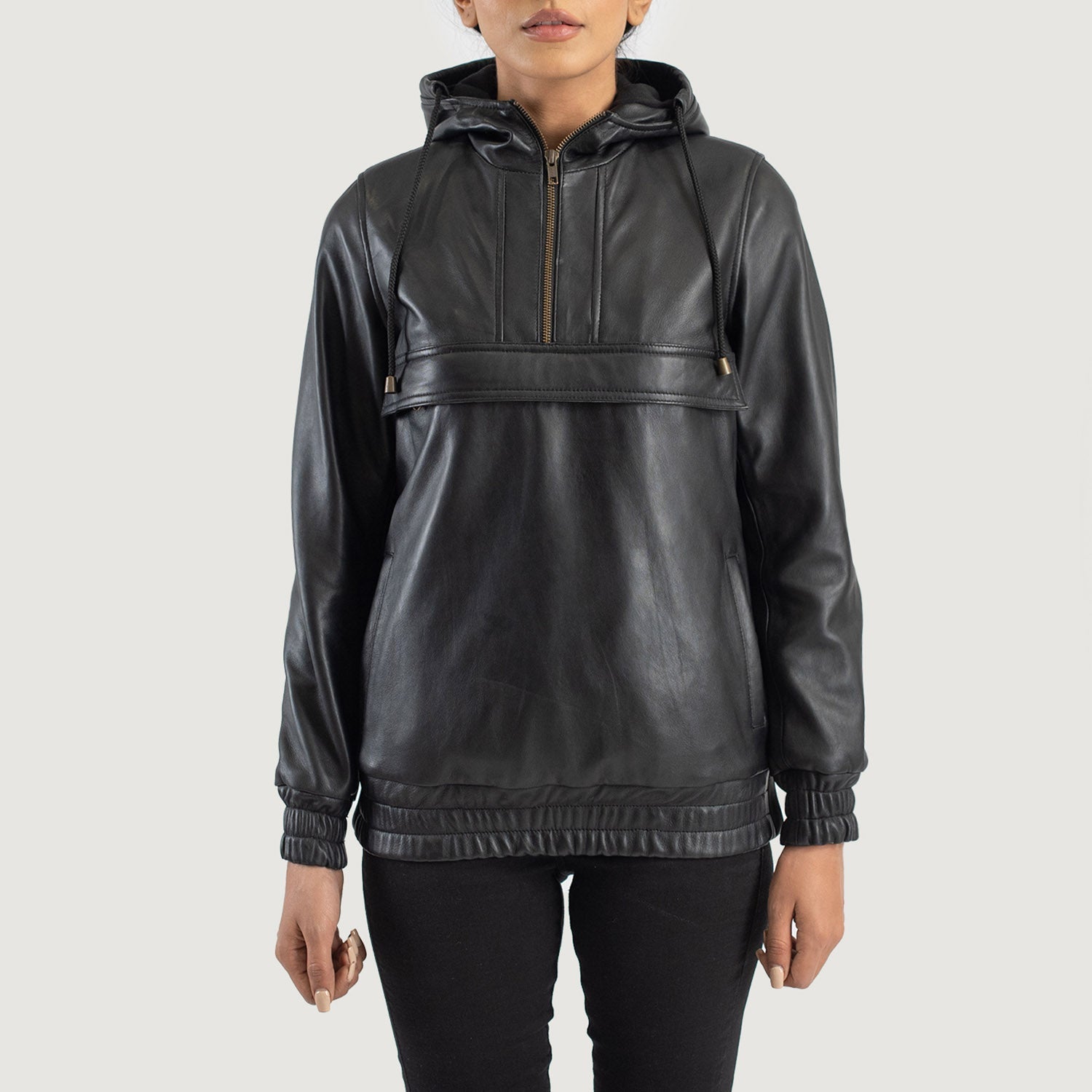 Zest Black Hooded Leather Pullover Jacket by Dash Racegear - women Jacket view 1