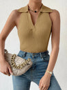 Summer V - Neck Ribbed Knit Crop Top - Sleeveless Turndown Collar in 10 Colors - Khaki - 42275247915077
