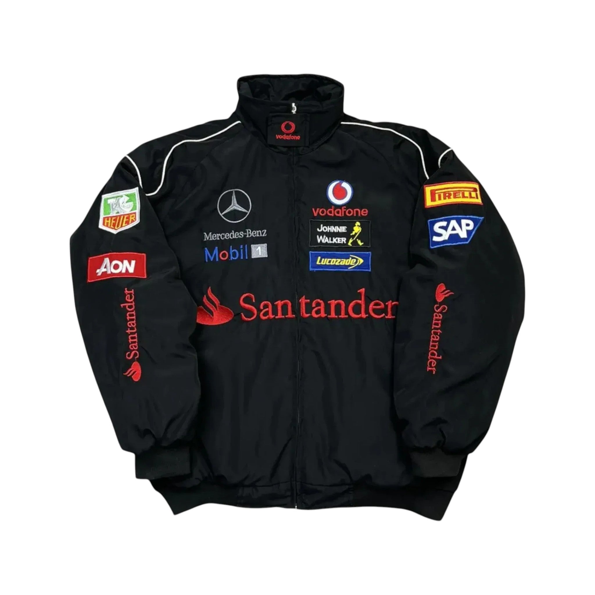 Mercedes Santander F1 Vintage Black Racing Jacket – Retro GP Edition | DASH RACEGEAR