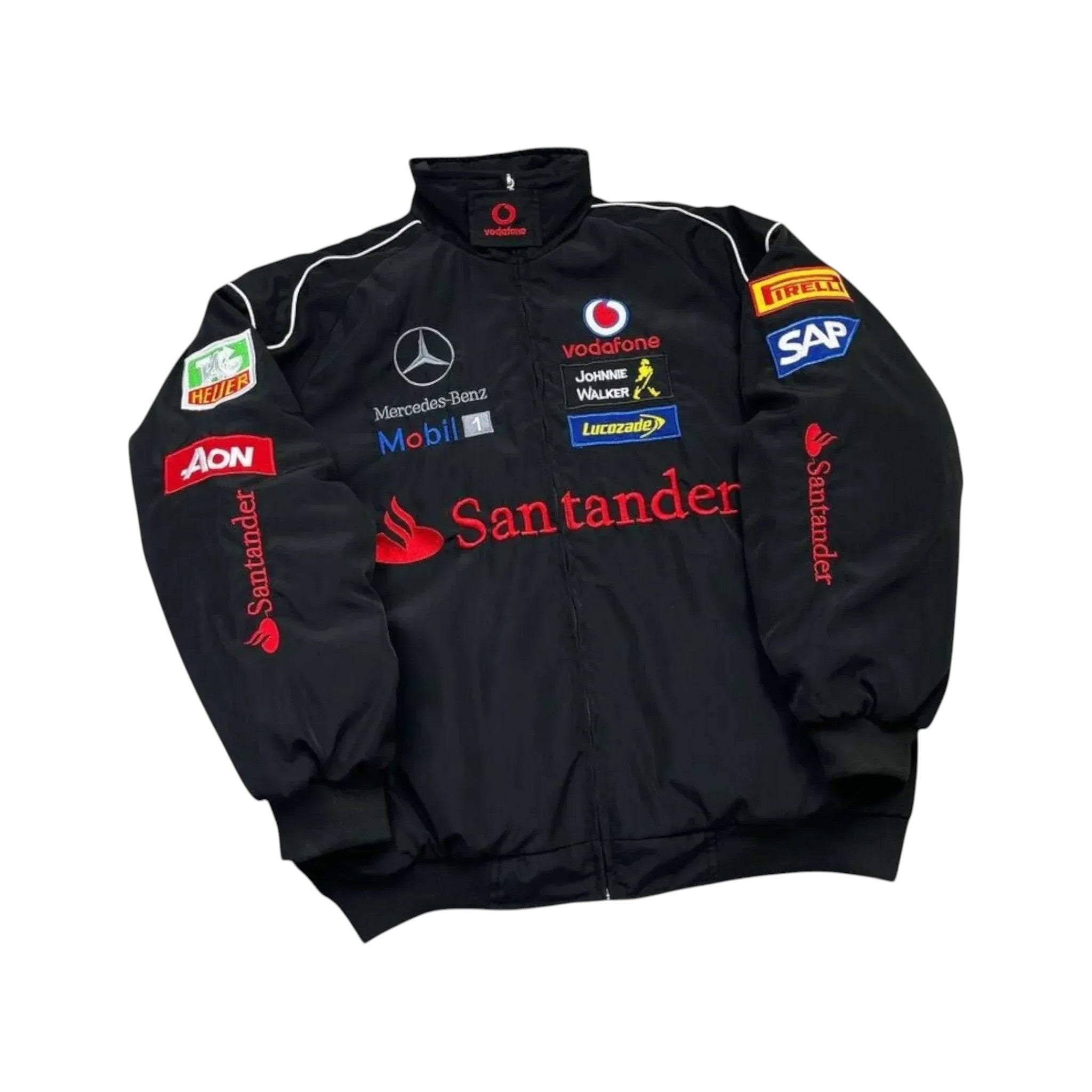 Mercedes Santander F1 Vintage Black Racing Jacket – Retro GP Edition | DASH RACEGEAR