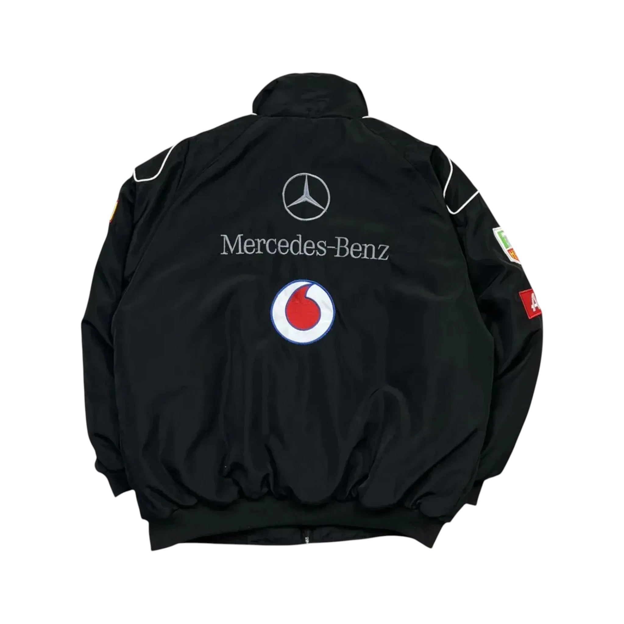 Mercedes Santander F1 Vintage Black Racing Jacket – Retro GP Edition | DASH RACEGEAR