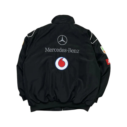 Mercedes Santander F1 Vintage Black Racing Jacket – Retro GP Edition | DASH RACEGEAR