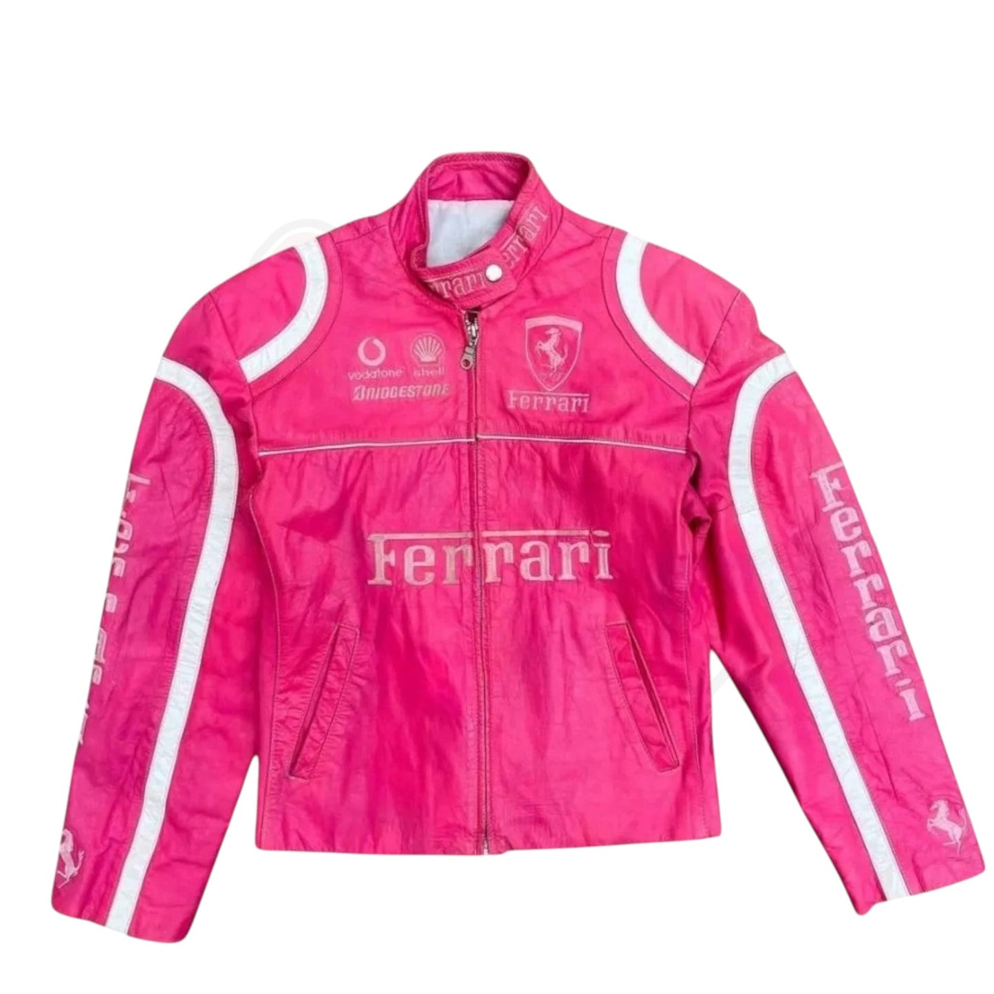 Pink Ferrari Vintage Racing Leather Jacket – Premium F1 Edition | DASH RACEGEAR