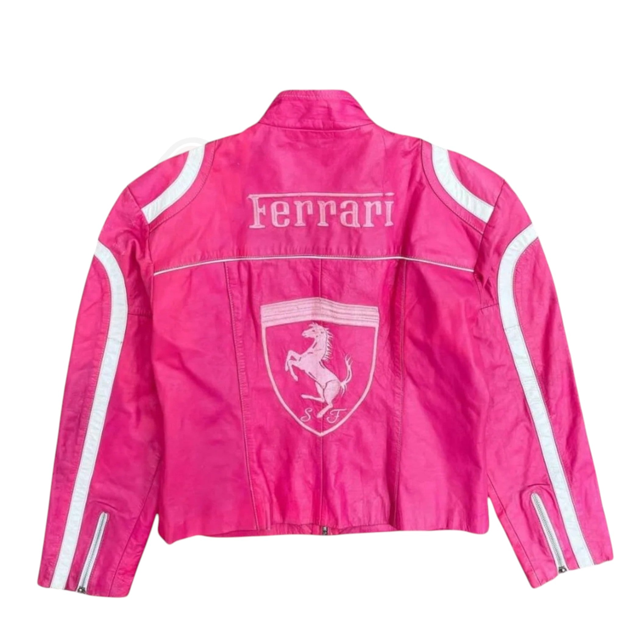 Pink Ferrari Vintage Racing Leather Jacket – Premium F1 Edition | DASH RACEGEAR