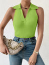 Summer V - Neck Ribbed Knit Crop Top - Sleeveless Turndown Collar in 10 Colors - Green - 42275247849541